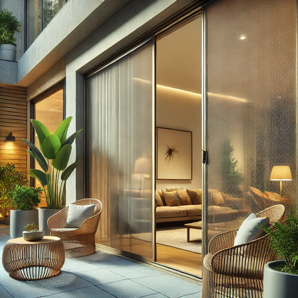 DALL·E 2024-11-24 11.01.28 - A modern outdoor patio featuring wicker chairs, potted plants, and a sliding glass door with an insect screen that is nearly invisible. The screen is